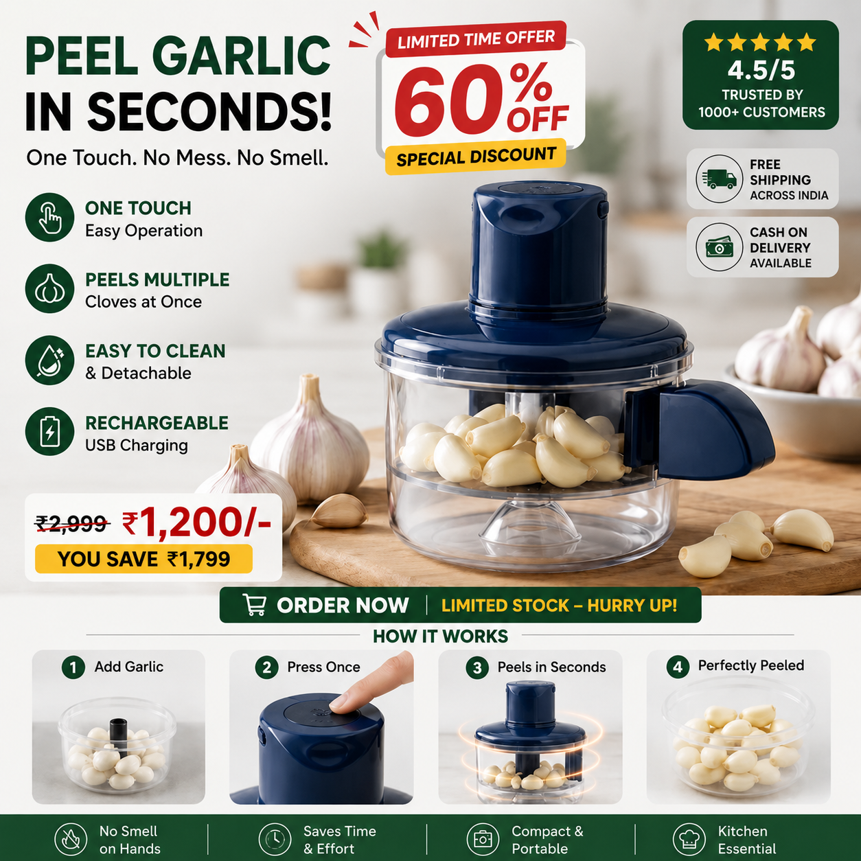 Rechargeable Garlic, Fruit and Vegetable peeler